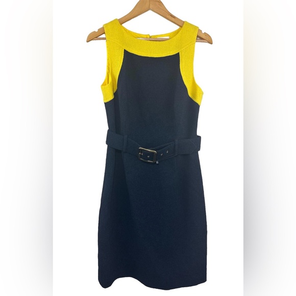NWOT Milly Sleeveless Wool Sheath Mini Dress Belted Navy Yellow Women’s Size 10 - Picture 2 of 9
